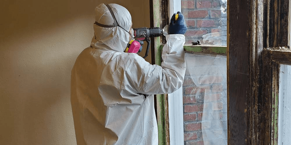 A person in a white protective suit and respirator uses a power tool on an old window frame.