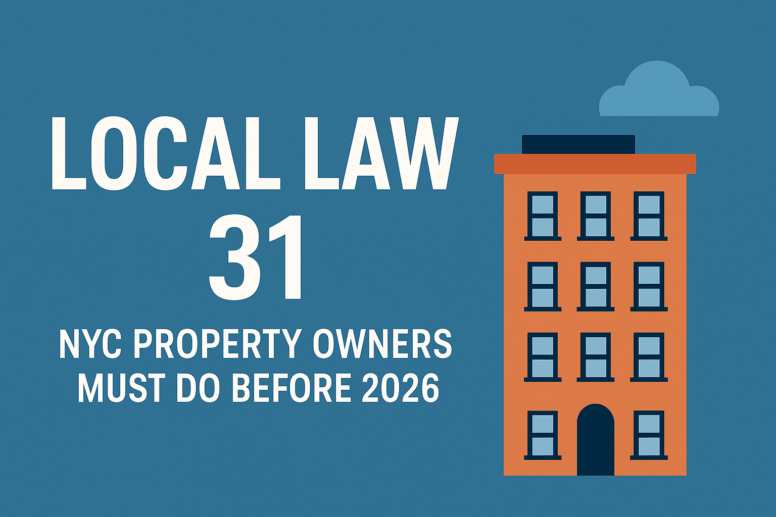 Apartment building under a blue sky with the text ‘Local Law 31 – NYC Property Owners Must Do Before 2026.’